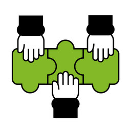 Graphic. Three green puzzle pieces are connected to each other. There is a hand on each puzzle piece.