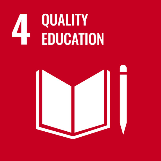 Goal 4: Quality education. White book with pen on a red background.