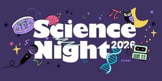 Bunte Illustration mit der Aufschrift „Science Night 2026“, umgeben von Motiven wie Mikroskop, Gehirn, DNA-Strang, Roboter und Eule.