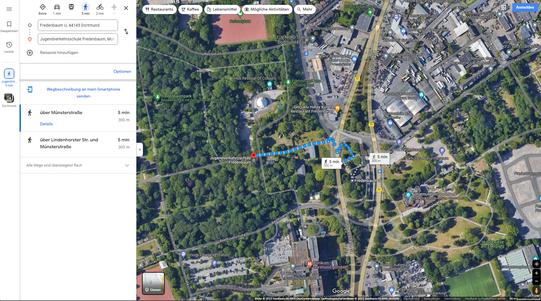 Kartenbild. Wegbeschreibung von der U-Bahnhaltestelle Fredenbaumpark zur Jugendverkehrsschule Fredenbaum.
