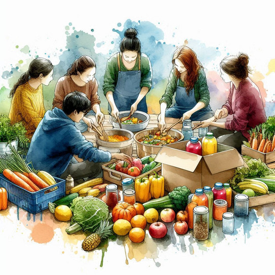 A colourful watercolour drawing of a small group of people cooking something together in several pots surrounded by various vegetables in boxes, cartons and jars.