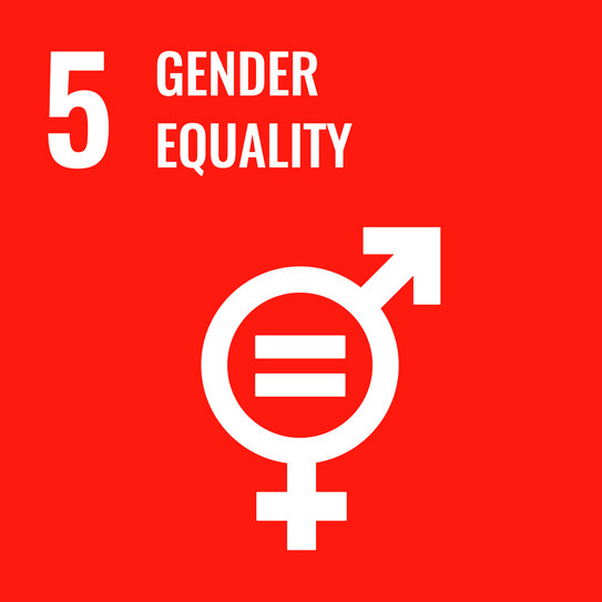 Goal 5: Gender equality. Combination of the symbols for male and female on a red background. In the center is an equal sign.