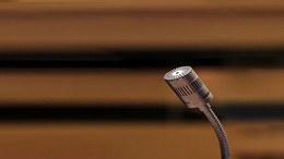 Senate Microphone in front of a brown background.