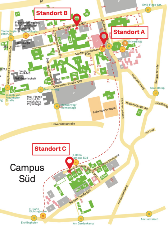 map with the locations of the three bicycle parking garages