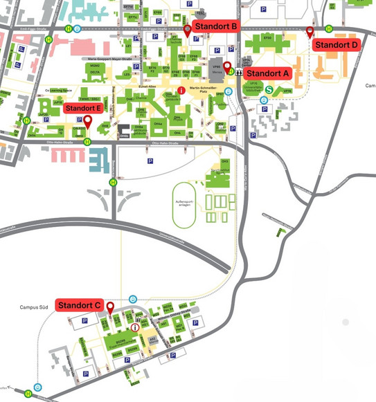Eine Übersicht der Fahrrad-Abstellanlagen an der TU Dortmund. Eingezeichnet auf dem Lageplan mit Ortsmarkern. Vier Anlagen auf dem Campus Nord, eine Anlage auf dem Campus Süd.
