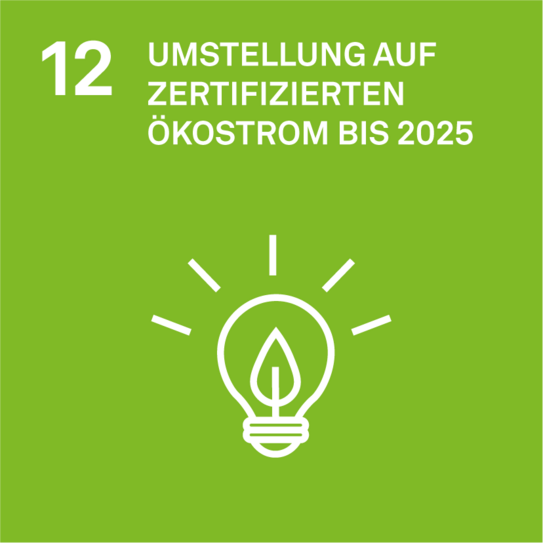 Ziel 12 der Nachhaltigkeitsstrategie: Umstellung auf zertifizierten Ökostrom bis 2025. Icon einer leuchtenden Glühlampe.
