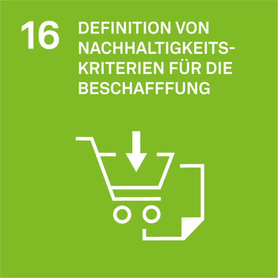 Ziel 16 der Nachhaltigkeitsstrategie: Definition von nachhaltigen Kriterien für die Beschaffung. Icon eines Einkaufswagens. Dahinter ein Blatt Papier.