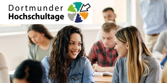 Das Logo der Dortmunder Hochschultage und zwei Studierende die ins Gespräch kommen