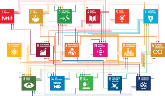 Diagram of the UN's 17 global sustainable development goals. The interdependencies between the individual goals are linked by arrows.