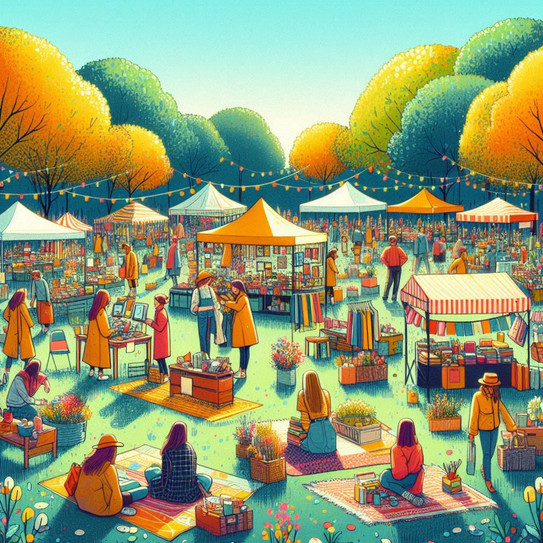 A small flea market on a meadow under trees with students selling their things (such as art, plants, clothing, decorative items, furnishings, etc.) at small stalls or on picnic blankets or looking at other things. A slightly abstract picture with bright, bright colours.