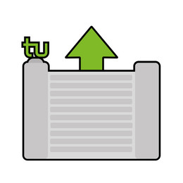 Graphic. Representation of a TU building as an icon. A green arrow is placed on the building, pointing upwards.