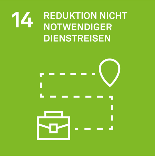Ziel 14 der Nachhaltigkeitsstrategie: Reduktion nicht notwendiger Dienstreisen. Darstellung als Icon: Eine Aktentasche und ein Zielpunkt. Verbunden durch eine gestrichelte Linie.