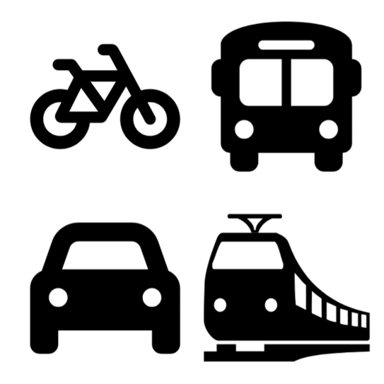 Four icons. A bicycle at top left. Top right a bus. Bottom left a car. A train on the bottom right.