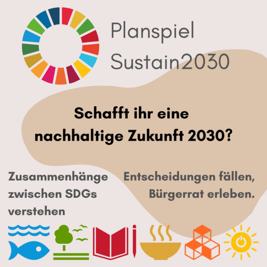 Promotional image for the sustain 2030 simulation game with Sustainable Development Goals.
