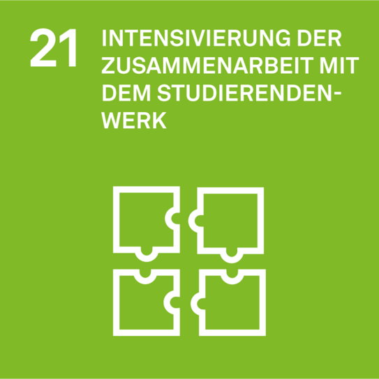 Ziel 20 der Nachhaltigkeitsstrategie: Intensivierung der Zusammenarbeit mit dem Studierendenwerk. Icon von vier Puzzleteilen, die in einem Quadrat angeordnet sind und nicht zusammengesteckt sind.