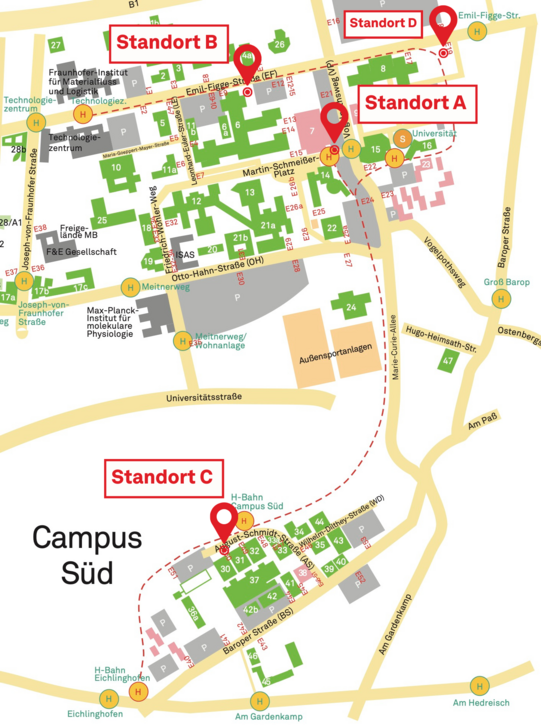 Karte der Fahrradabstellanlagen Karte mit den Standorten der vier Fahrradabstellanlagen