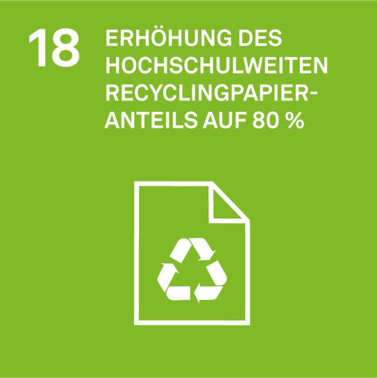 Ziel 18 der Nachhaltigkeitsstrategie: Erhöhung des hochschulweiten Recyclingpapieranteils auf 80. Icon eines Blattes Papiers mit dem Recycling-Symbol drauf. 