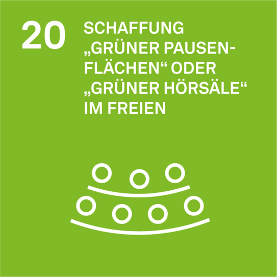 Ziel 20 der Nachhaltigkeitsstrategie: Schaffung grüner Pausenflächen und Hörsäle im Freien. Icon zweier Sitzreihen mit sitzenden Menschen. Perspektive von oben.