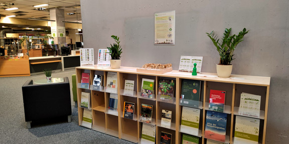 Shelf with books, plants and a box with seed bags. In the background a counter of the university library. 