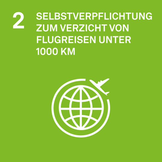 Ziel 2 der Nachhaltigkeitsstrategie: Selbstverpflichtung der Mitarbeitenden zum Verzicht von Flugreisen unter 1000 Kilometern. Icon des Globus, welcher von einem Flugzeug umrundet wird.