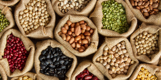 various seeds and pulses in cloth bags
