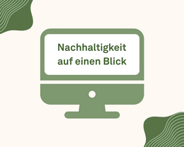 Abgebildet ist ein PC-Bildschirm als Grafik. Auf dem Bildschirm steht ein Schriftzug "Nachhaltigkeit auf einen Blick"