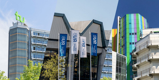 Gebäude der Universitätsallianz Ruhr. Links ist ein Gebäude der TU Dortmund abgebildet. In der Mitte ist ein Gebäude der Ruhr-Universität Bochum. Rechts ist ein Gebäude der Universität Duisburg-Essen.