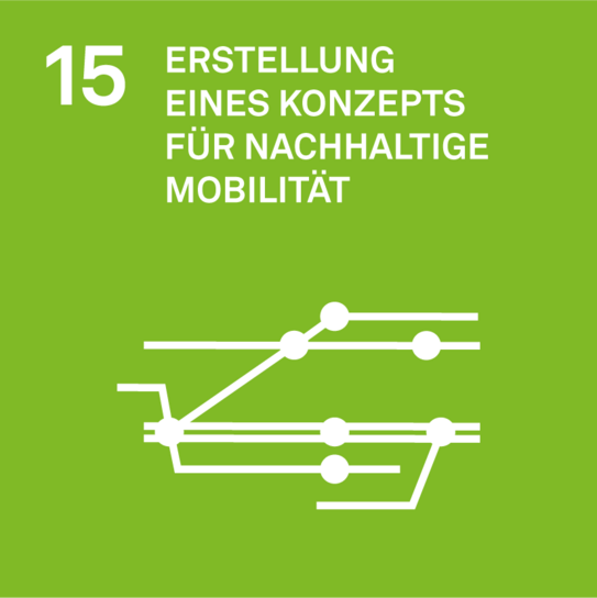 Ziel 15 der Nachhaltigkeitsstrategie: Erstellung eines Konzepts für nachhaltige Mobilität. Icon eines Liniensystems mit Punkten.