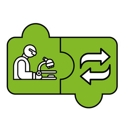 Graphic. Two green puzzle pieces are connected. The puzzle piece on the left shows a scientist with a microscope as an icon. On the right are two arrows representing a cycle.