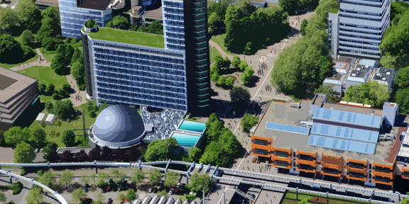 Luftaufnahme der TU Dortmund mit futuristischen Bildelementen.