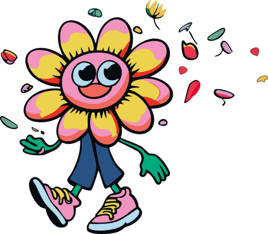 Illustrated sunflower with face and legs. Image is used in connection with Sustainability Week. 