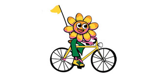 Eine Illustration: Sunny Sustain (eine Sonnenblume und das Markenzeichen der Nachhaltigkeitswoche) fährt auf dem Fahrrad.