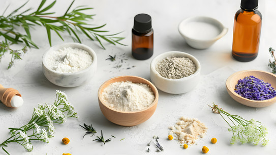 Natural ingredients such as powders, herbs and essential oils arranged on a white background.