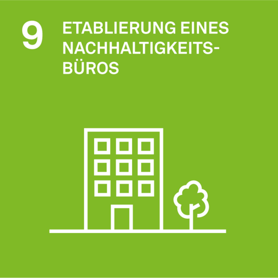 Ziel 9 der Nachhaltigkeitsstrategie: Etablierung eines Nachhaltigkeitsbüros. Icon eines Hauses. Daneben ein Baum.