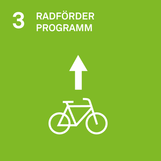 Ziel 3 der Nachhaltigkeitsstrategie: Radförderprogramm. Icon eines Fahrrades. Darüber ein Pfeil nach oben.
