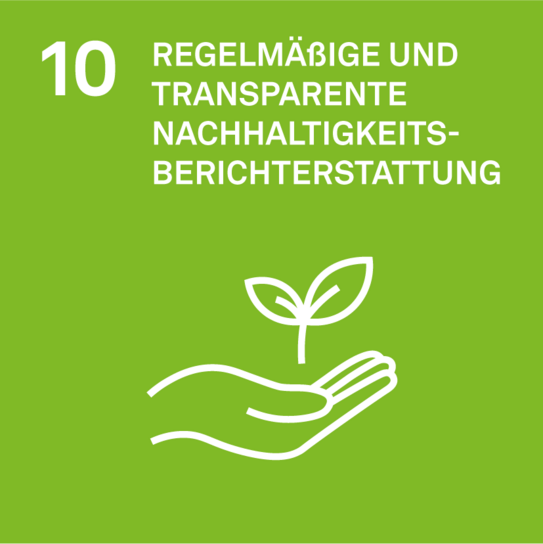 Ziel 10 der Nachhaltigkeitsstrategie: Regelmäßige und transparente Nachhaltigkeitsberichterstattung. Icon einer geöffneten Hand mit einer kleinen wachsenden Pflanze.