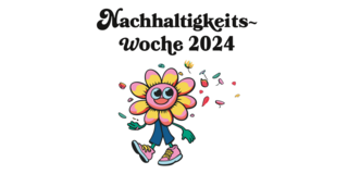Das Foto zeigt eine illustrierte Sonnenblume mit Gesicht und Beinen. Darüber steht "Nachhaltigkeitswoche 2024"