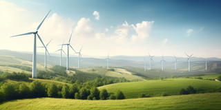 Windräder in einer hügeligen Wiesenlandschaft