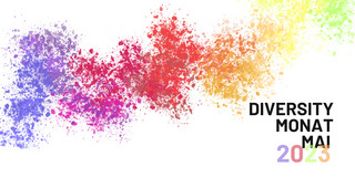 Logo of Diversity Month May 2023. Next to the lettering is a cloud of colorful blobs.