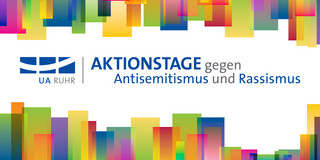 Grafik: Eine bunte Grafik der UA Ruhr, die die Aktionstage gegen Antisemitismus und Rassismus ankündigt. Die Grafik zeigt bunte einander übelagernde Rechtecke und das Logo der UA Ruhr.