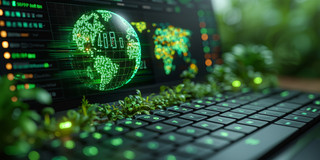 Zu sehen ist eine Nahaufnahme eines Laptops. Die Buchstaben der Tastatur leuchten grün und auf dem Bildschirm ist eine grüne Weltkugel sowie eine Weltkarte zu sehen. Zwischen Bildschirm und Tastatur wachsen kleine Pflanzen.