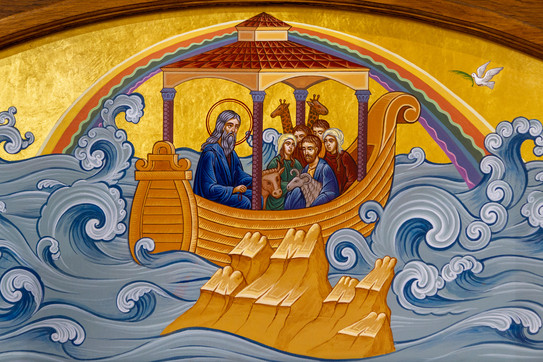 Illustration der Arche Noah: Menschen und Tiere in einem Boot auf dem Meer