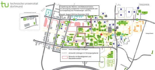 Lageplan des Campus mit Markierungen. Text: „Erweiterung des Wärme- und Kaltwassernetzes zur Versorgung zusätzlicher Forschungsgebäude und zur Einsparung von Primärenergie und CO2. Bauzeit: August 2024 bis Dezember 2026.“ Legende: „Schwarze Linie: neue erdverlegte Leitungen. Schwarz gestrichelte Linie: erneuerte Leitungen im Versorgungskanal. Rote Umrandung: Bereiche mit Bautätigkeiten und Baustellenverkehr.“ Die roten Umrandungen verlaufen vorrangig auf folgenden Abschnitten: Emil-Figge-Straße 71 bis zur Maria-Goeppert-Mayer-Straße; die gesamte Maria-Goeppert-Mayer-Straße; die Wiese westlich vom DELTA-Gebäude; die EUnet-Allee vom DELTA-Gebäude bis zum Friedrich-Wöhler-Weg; vom DELTA-Gebäude bis zur Otto-Hahn-Straße 10; von der Otto-Hahn-Straße 10 zwischen den Gebäuden bis zum Friedrich-Wöhler-Weg.