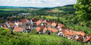 Village A village in a green landscape with a blue sky