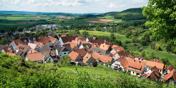 Village A village in a green landscape with a blue sky