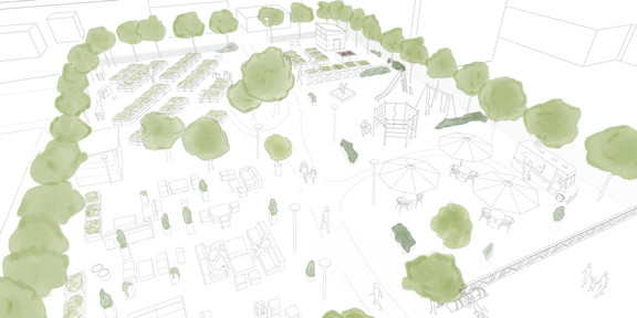 Green and white sketch of a park and residential complex