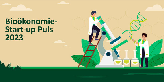 The illustration for the "Bioeconomy Startup Pulse 2023" shows two people handling an oversized microscope, test tubes and drawing a DNA spiral.