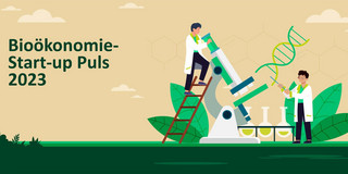 The illustration for the "Bioeconomy Startup Pulse 2023" shows two people handling an oversized microscope, test tubes and drawing a DNA spiral.