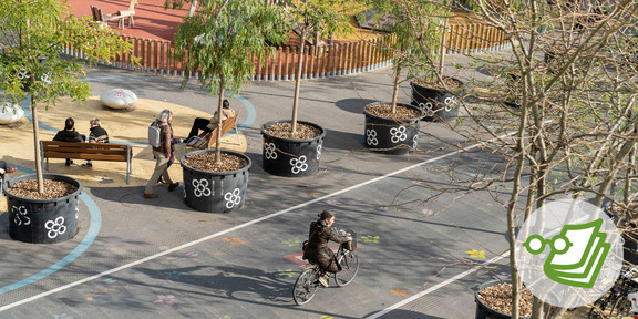 Ein Mensch fährt Fahrrad über die Straße und rechts und links stehen Blumenkübel.