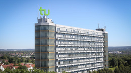 The Math Tower with the logo of TU Dortmund University on top of it